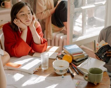 Three students at a table