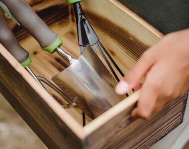 a person carrying a wooden box with some gardening tools in it