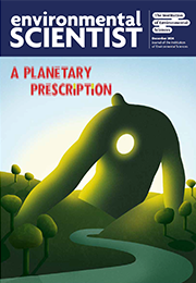 A planetary prescription journal cover image with green figure in foreground